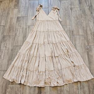 Love Bonito Dress Womens XS US 2 Tiered Maxi Bow Ribbon V Neck Nude Cream NEW